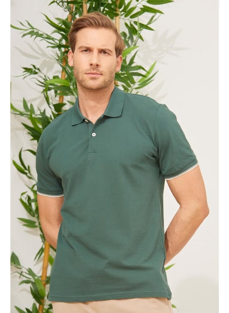 Odelon Men's Interstitial Collar Detailed Cotton Polo Neck T-Shirt Khaki - Image 5
